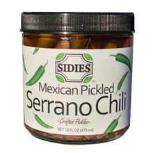 Load image into Gallery viewer, 16 ounce jar of Mexican pickle serrano chilies